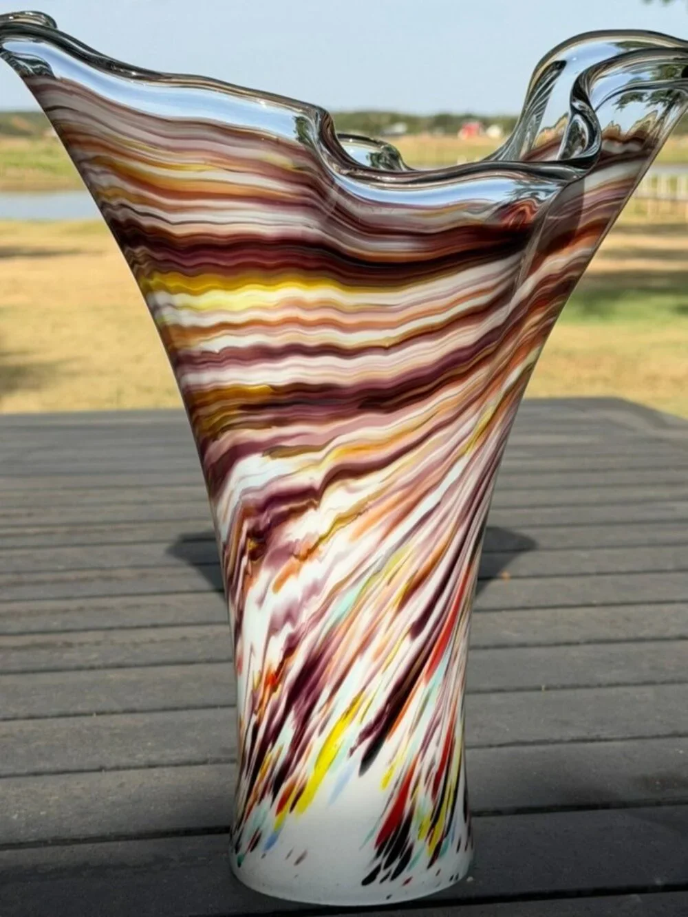 Vintage Murano Style Hand Blown Multicolor Art Glass Ruffled Vase 13.5